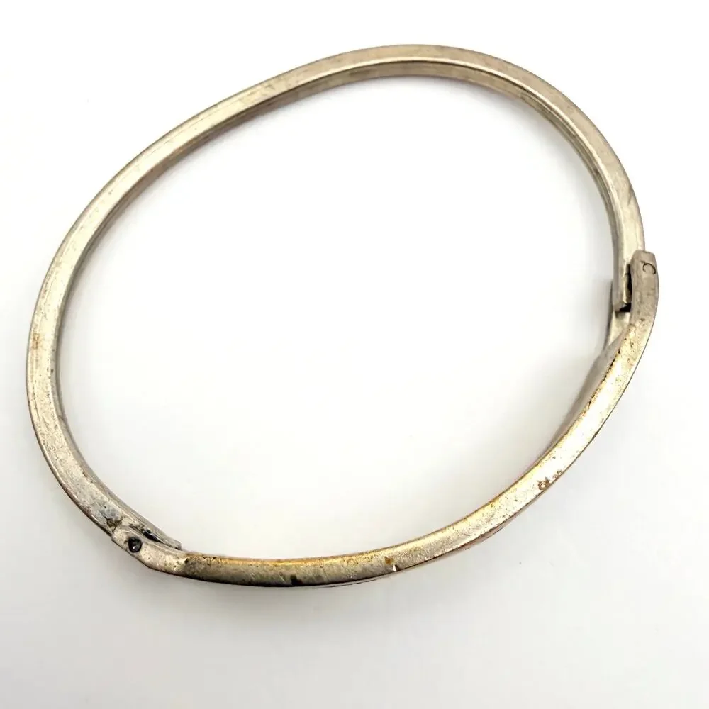 Vintage Taxco Mexico Mother of Pearl Floral Purple Enamel Alpaca Silver Bangle